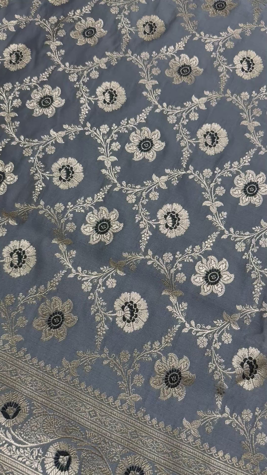 Pure Katan Silk Saree, Slate Grey Banarasi, Gold Zari Floral Weave, Wedding Ethnic Wear