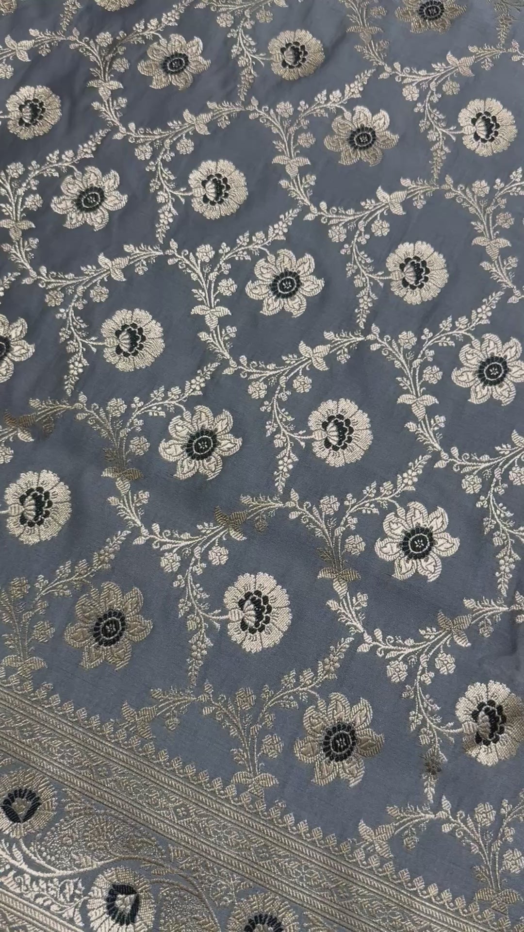 Pure Katan Silk Saree, Slate Grey Banarasi, Gold Zari Floral Weave, Wedding Ethnic Wear