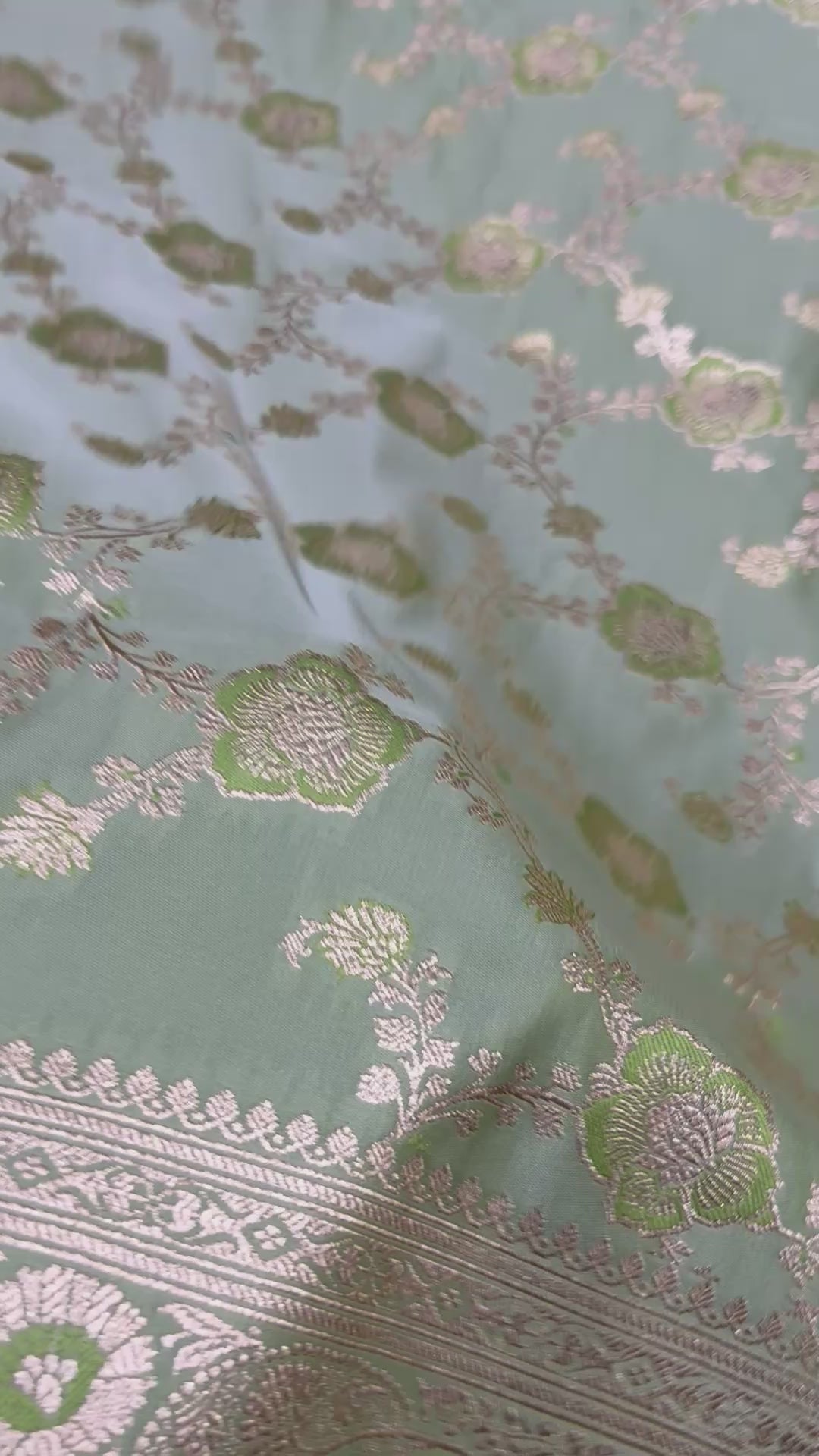 Pure Katan Silk Saree: Sage Green Zari Weave, Floral Motifs, Traditional Indian Wedding Wear