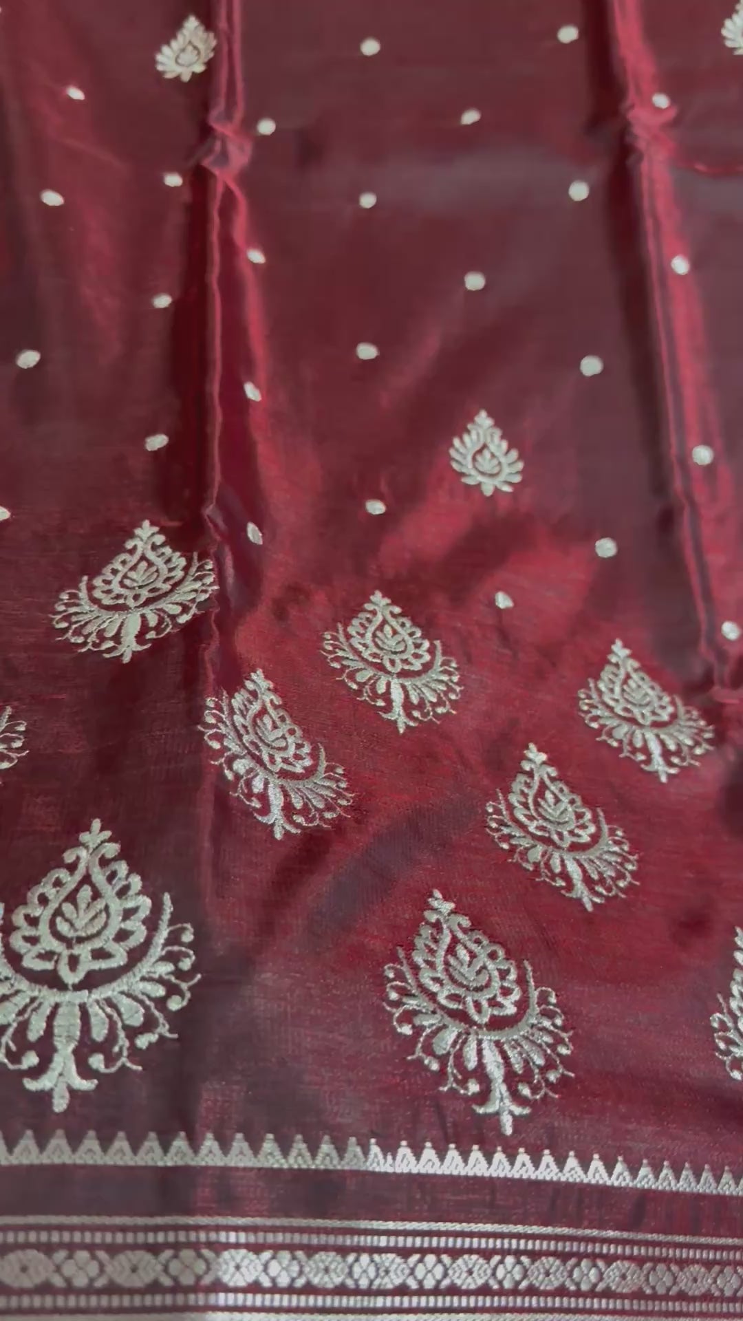 Wine Maroon Satin Silk Saree, Silver Zari Border, Floral Pallu, Festive Ethnic Wear
