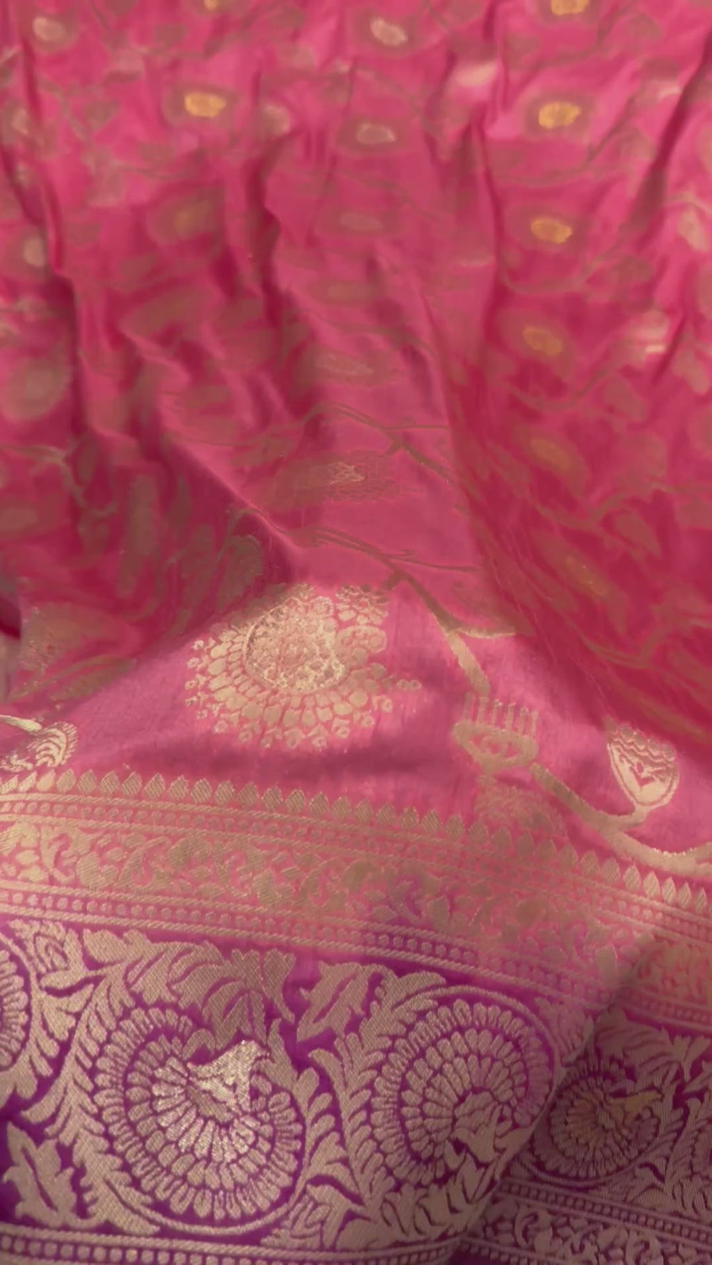 Pink Dola Silk Saree, Banarasi Zari Woven Floral Motifs, Maroon Border, Festive Wear