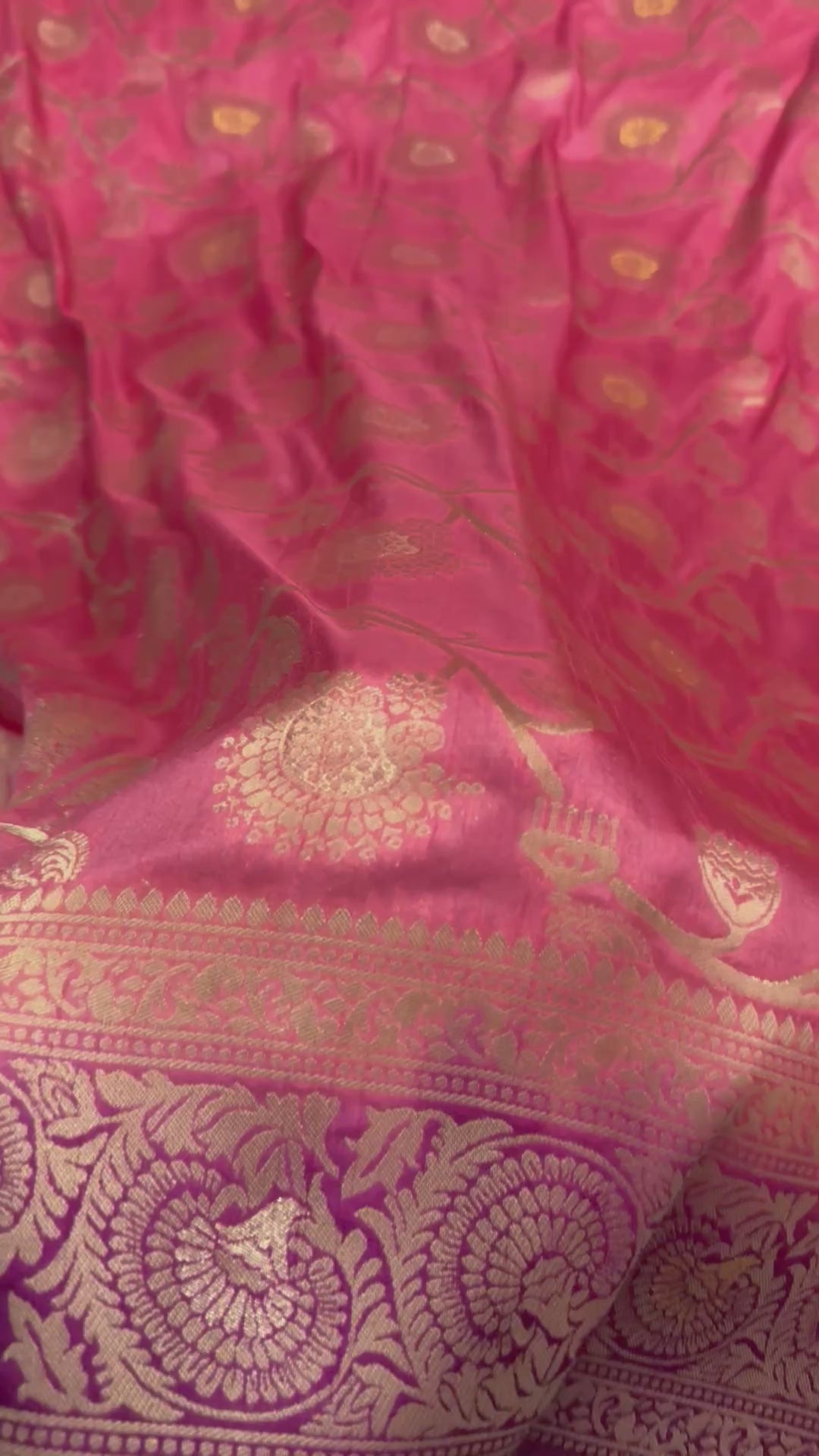 Pink Dola Silk Saree, Banarasi Zari Woven Floral Motifs, Maroon Border, Festive Wear