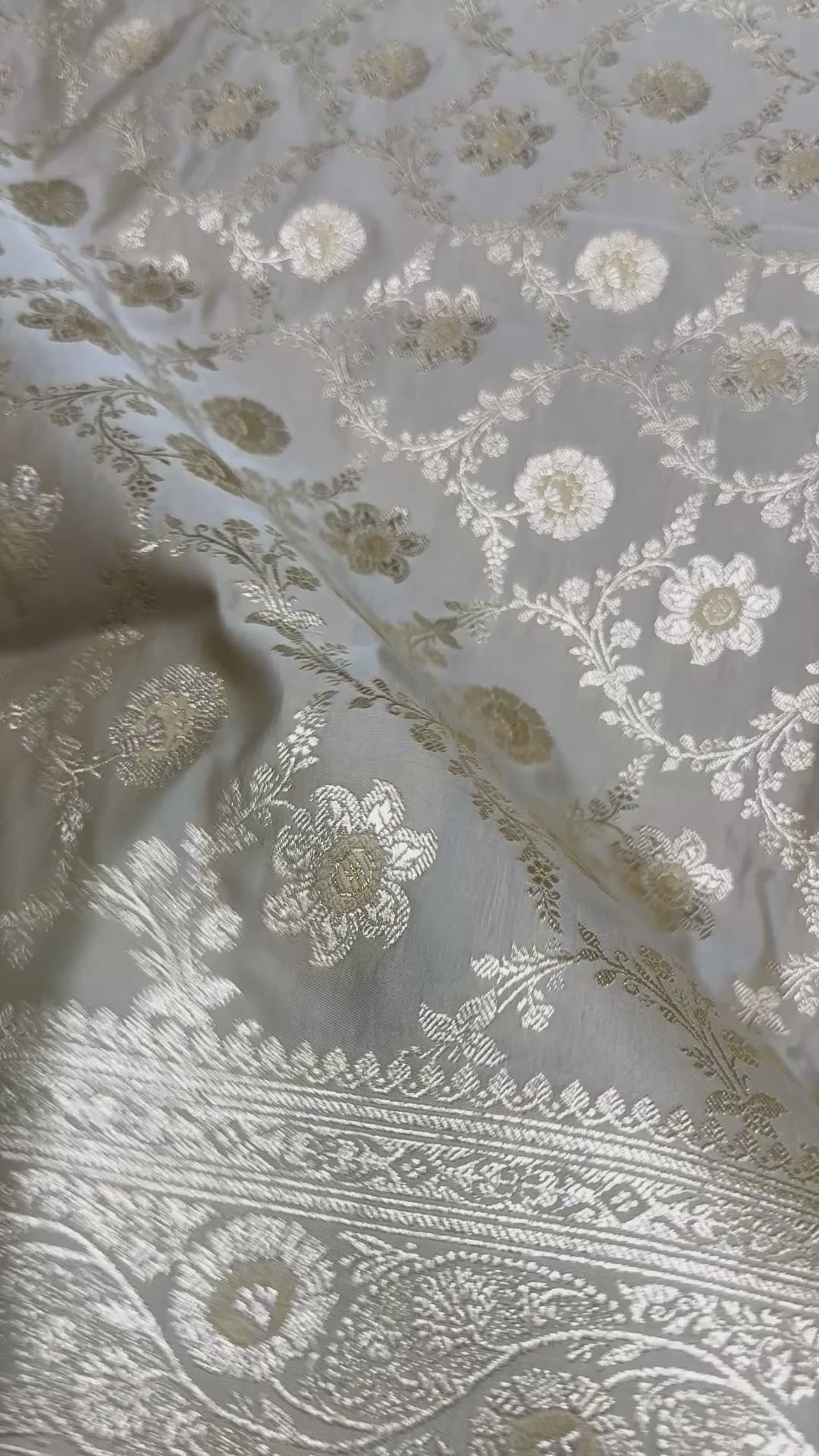 Pure Katan Silk Saree: Pearl Silver Floral Zari Woven Indian Wedding Festive Traditional Bridal