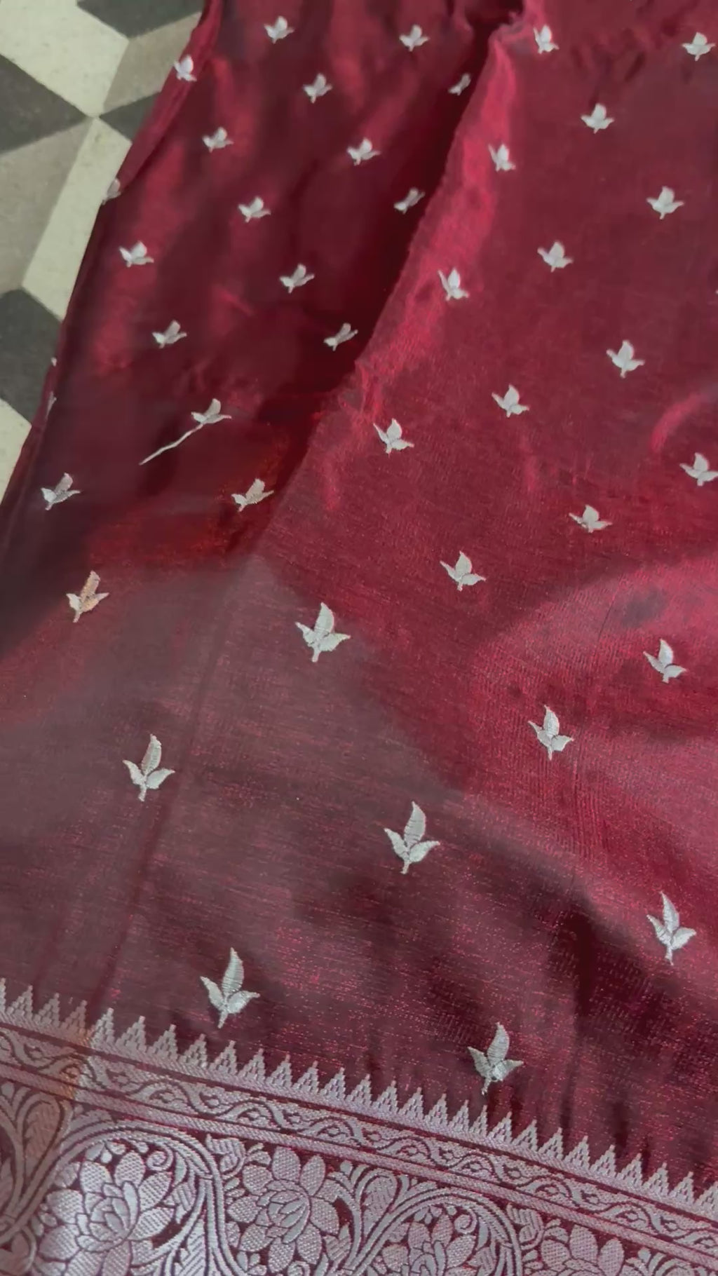 Maroon Satin Silk Saree with Silver Butti & Traditional Woven Border | Elegant Indian Saree