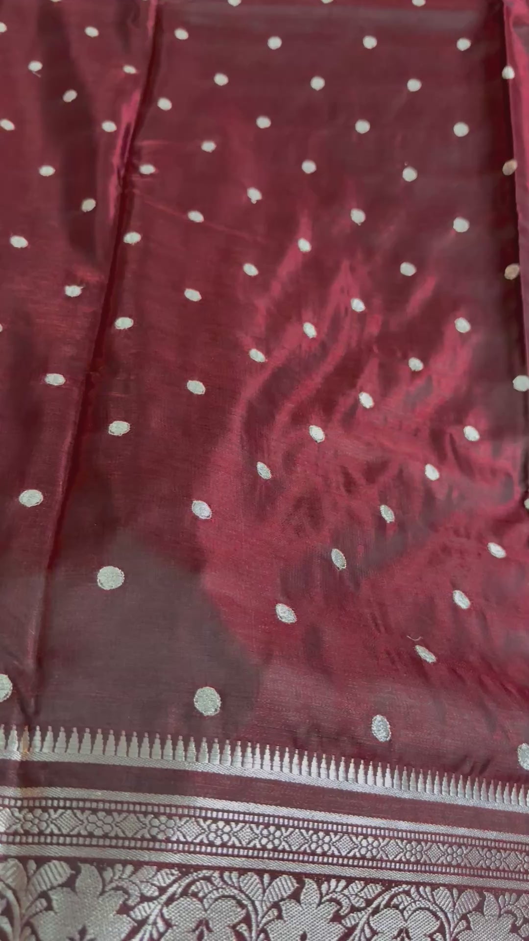 Wine Maroon Satin Silk Saree, Silver Zari Border, Floral Motifs, Wedding Wear