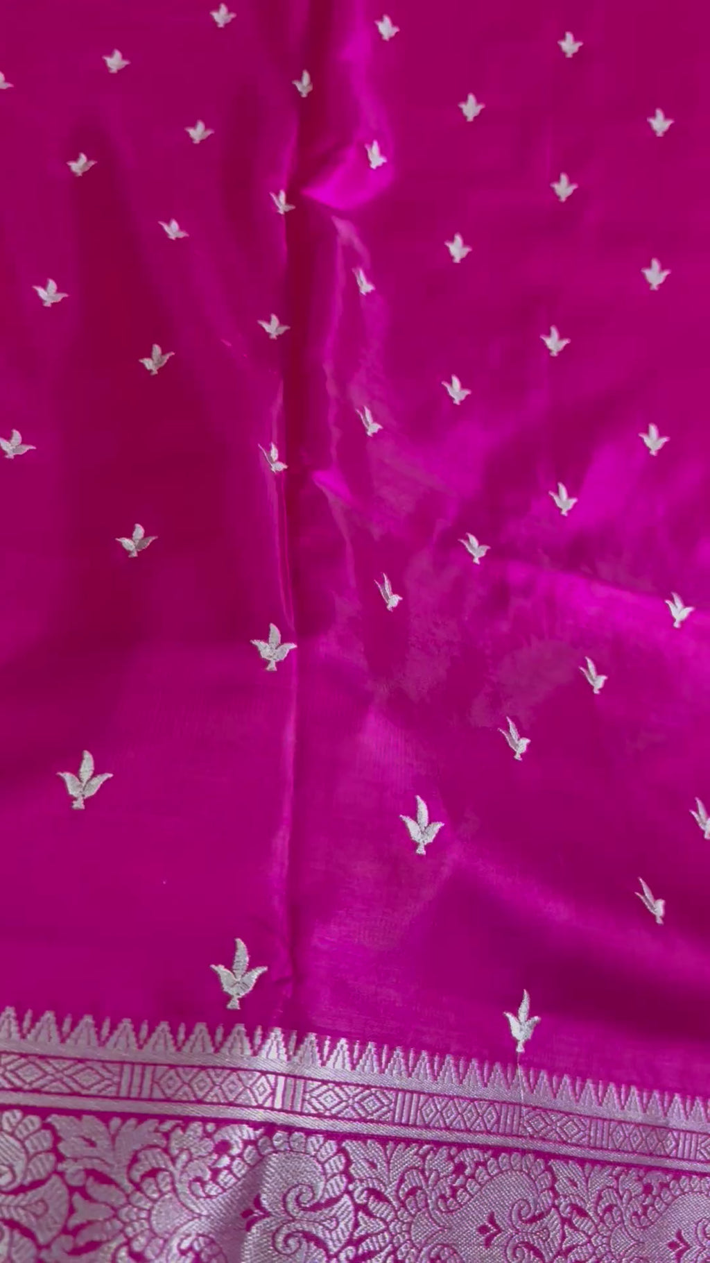 Rani Pink Satin Silk Saree, Silver Zari Border, Floral Motifs, Wedding Wear