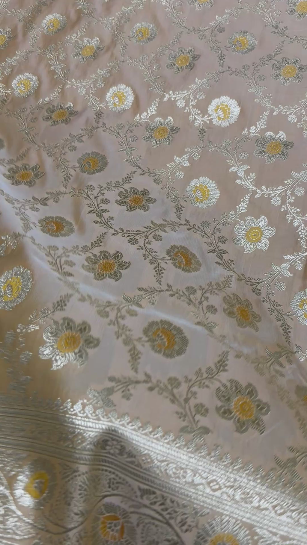 Pure Katan Silk Saree: Champagne Beige Floral Zari Woven Indian Wedding Festive Wear