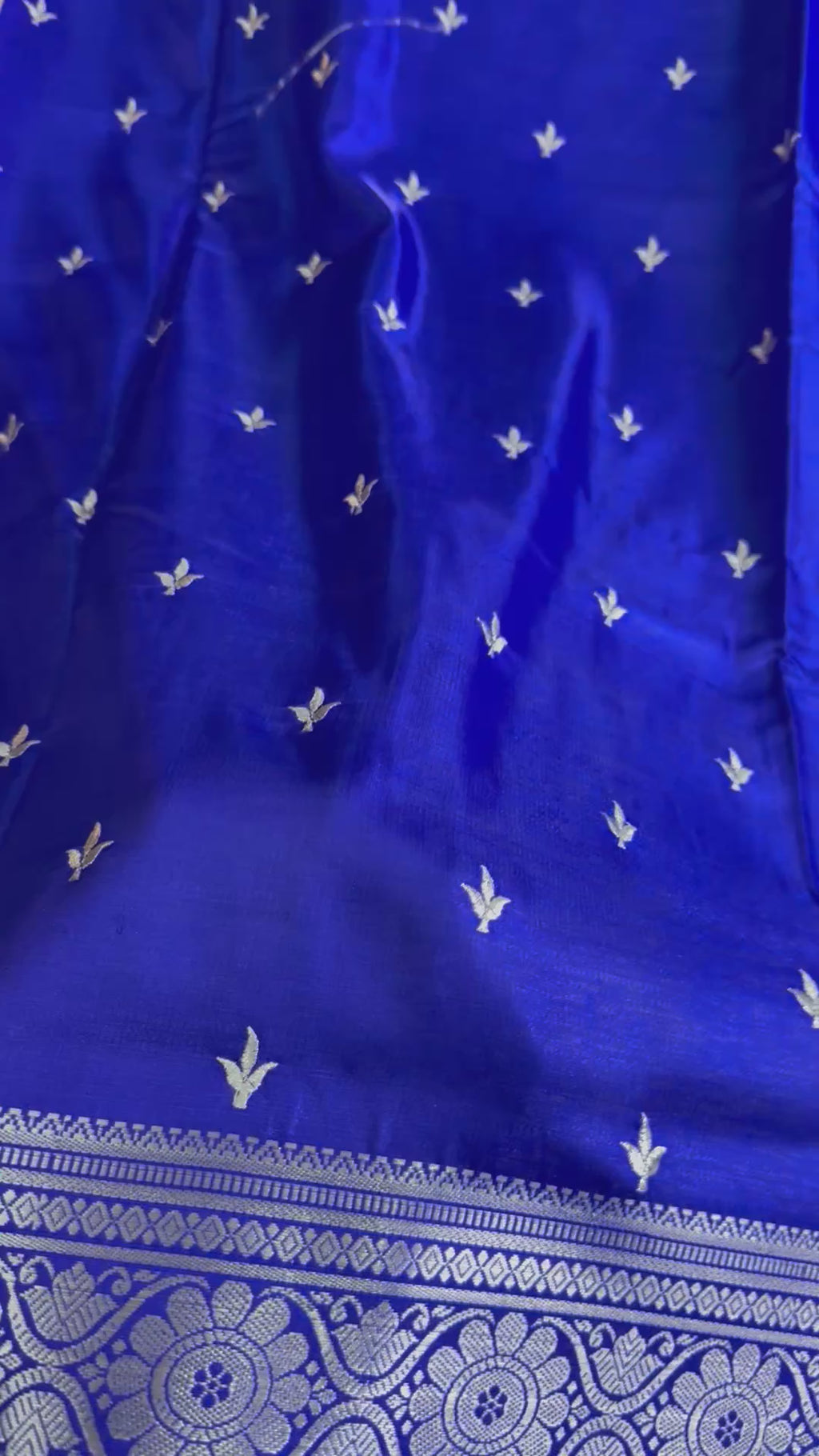 Royal Blue Satin Silk Saree, Silver Zari Border, Festive Ethnic Wear