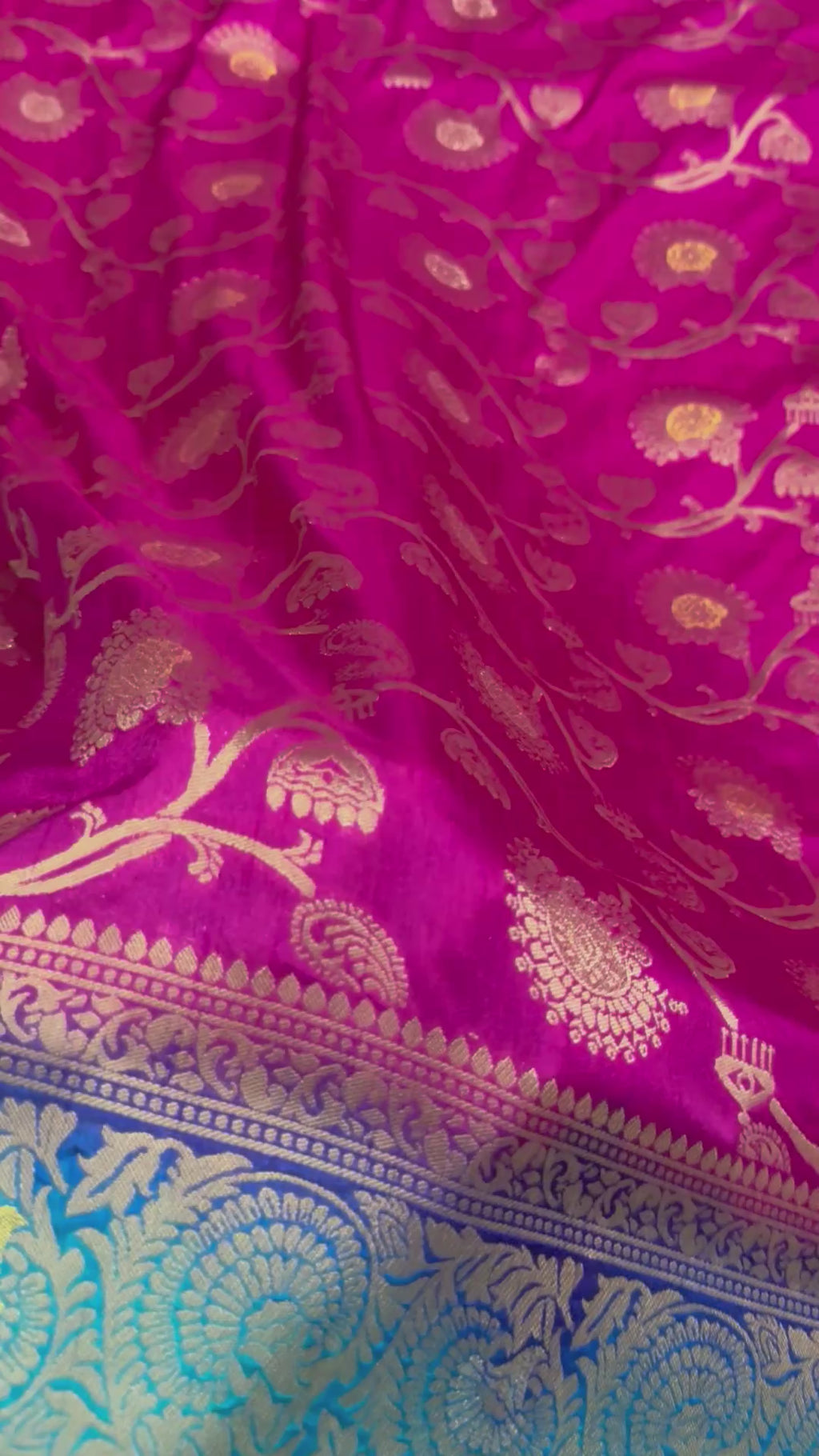 Fuchsia Pink Dola Silk Saree, Banarasi Zari Woven Border, Floral Motifs, Festive Wear