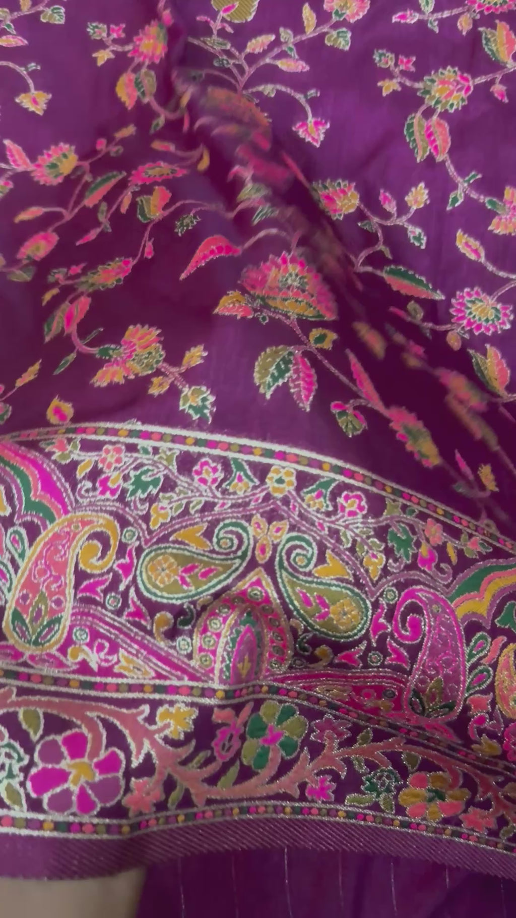 Deep Purple Pashmina Silk Saree, Kashmiri Floral Paisley Border, Indian Wedding Festive Wear