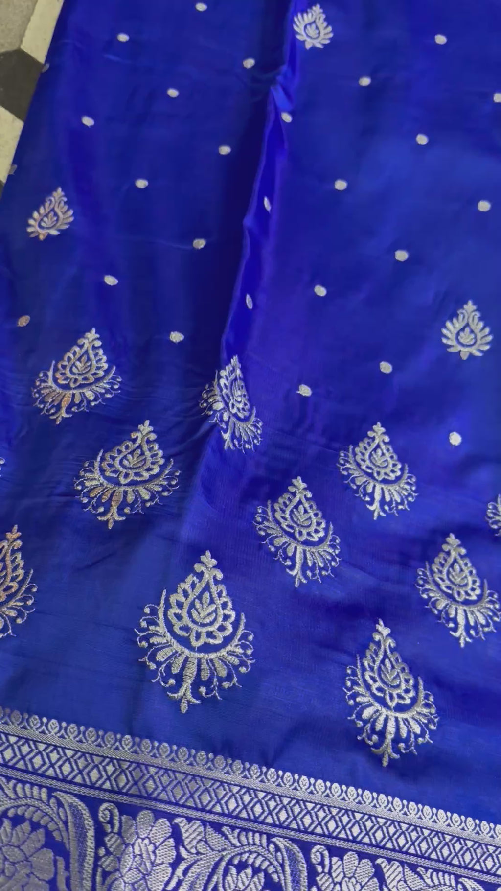 Royal Blue Satin Silk Saree, Silver Zari Border, Festive Indian Wedding Wear