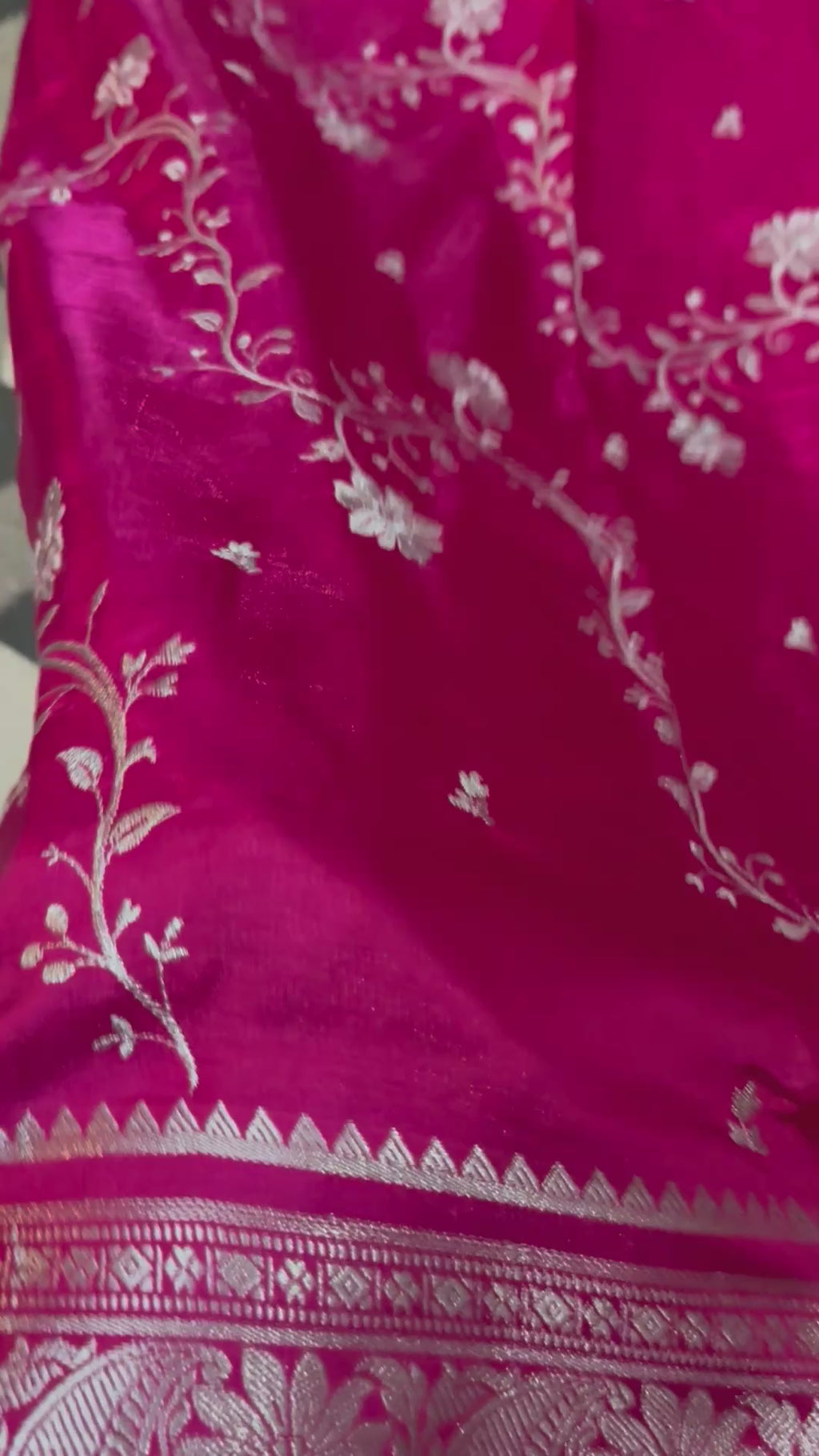 Magenta Satin Silk Saree, Floral Paisley Woven Design, Wedding Party Wear