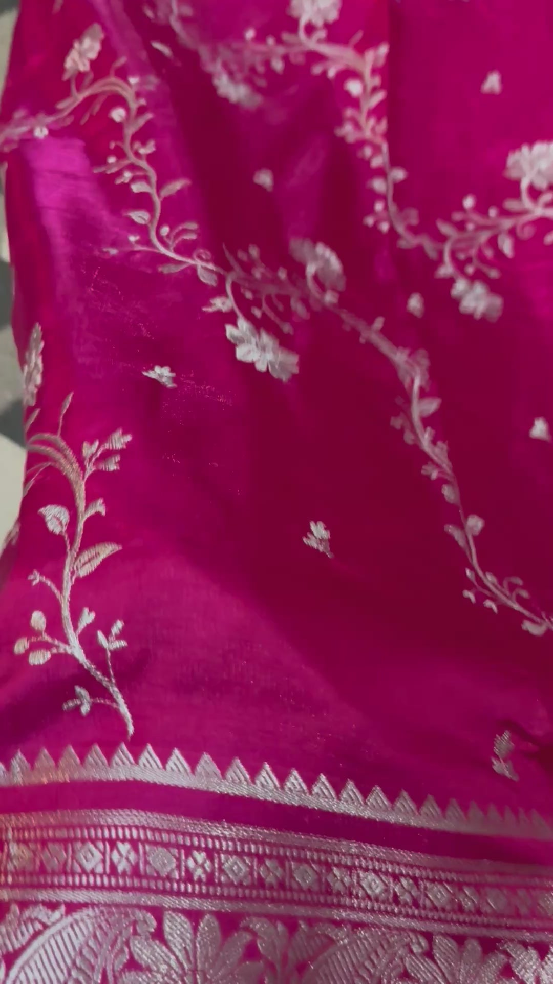Magenta Satin Silk Saree, Floral Paisley Woven Design, Wedding Party Wear