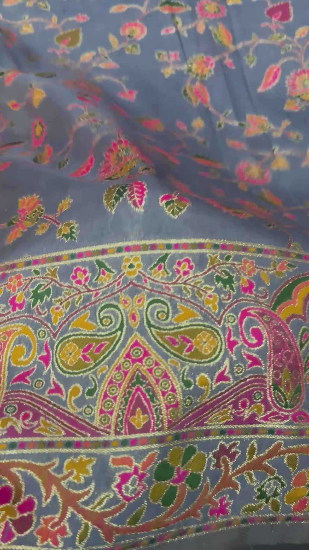 Steel Blue Pashmina Silk Saree, Kashmiri Floral Woven, Paisley Border, Indian Festive Wear