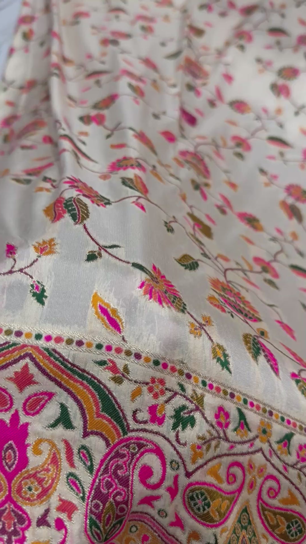 Pashmina Silk Saree | Cream Floral Printed Saree with Paisley Border | Indian Ethnic Wedding & Festive Wear