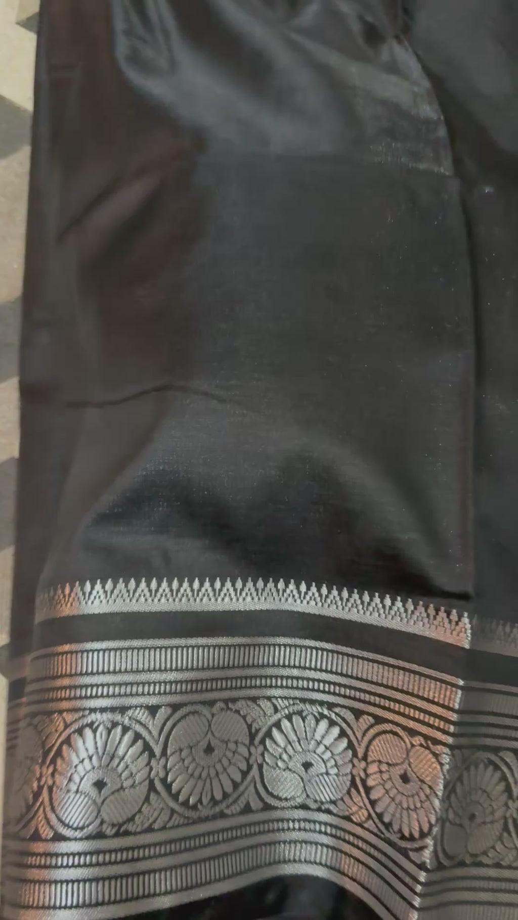 Black Satin Silk Saree, Silver Zari Border, Peacock Paisley Pallu, Wedding Wear