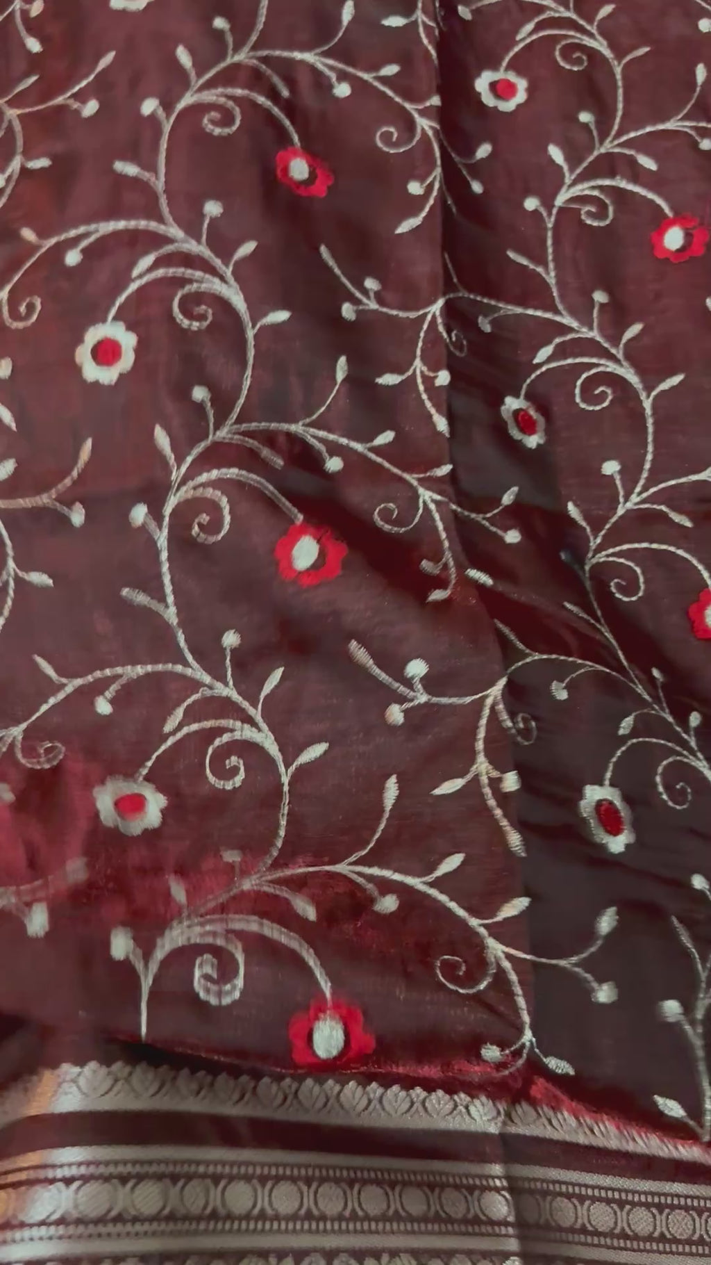 Wine Satin Silk Saree, Floral Vine, Silver Border, Paisley Pallu (Wedding Wear)