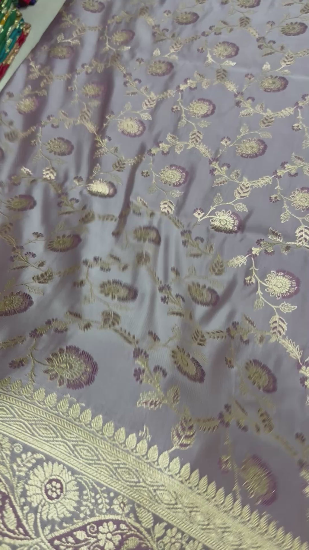 Pure Katan Silk Saree, Lavender Grey, Gold Zari Floral Weave, Indian Wedding Ethnic Wear