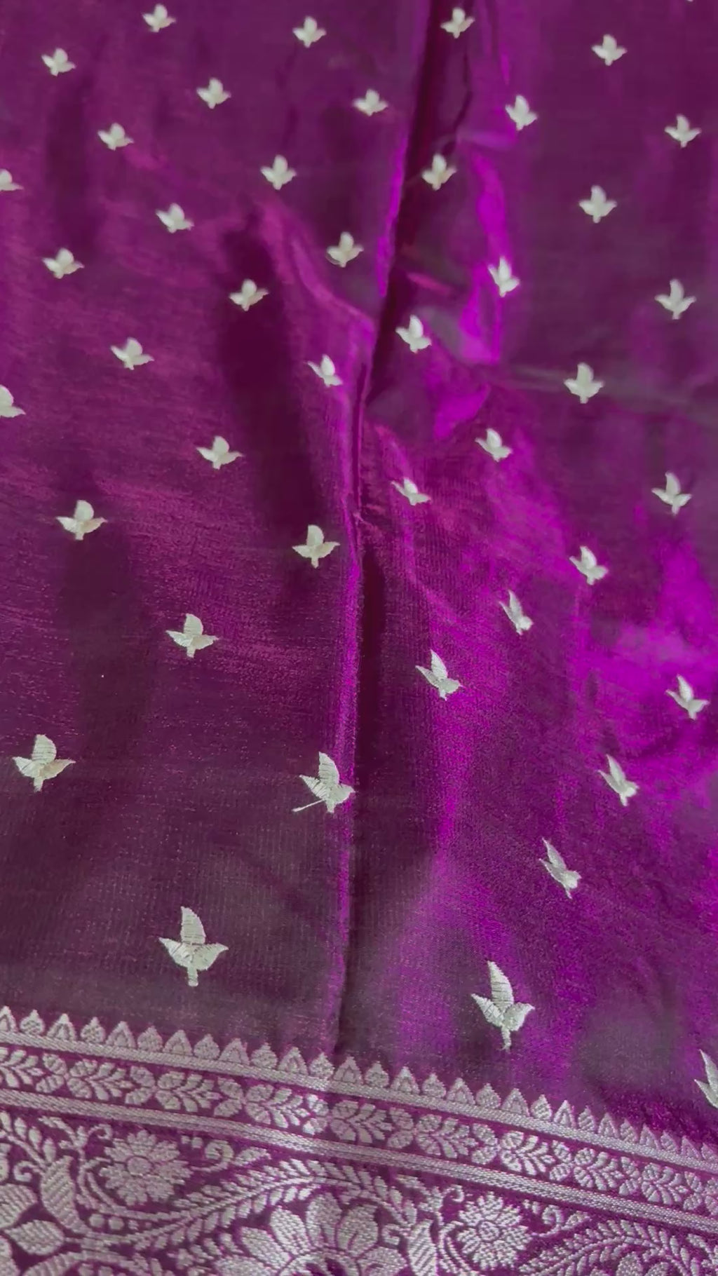 Purple Satin Silk Saree, Silver Zari Border, Indian Wedding Festive Wear