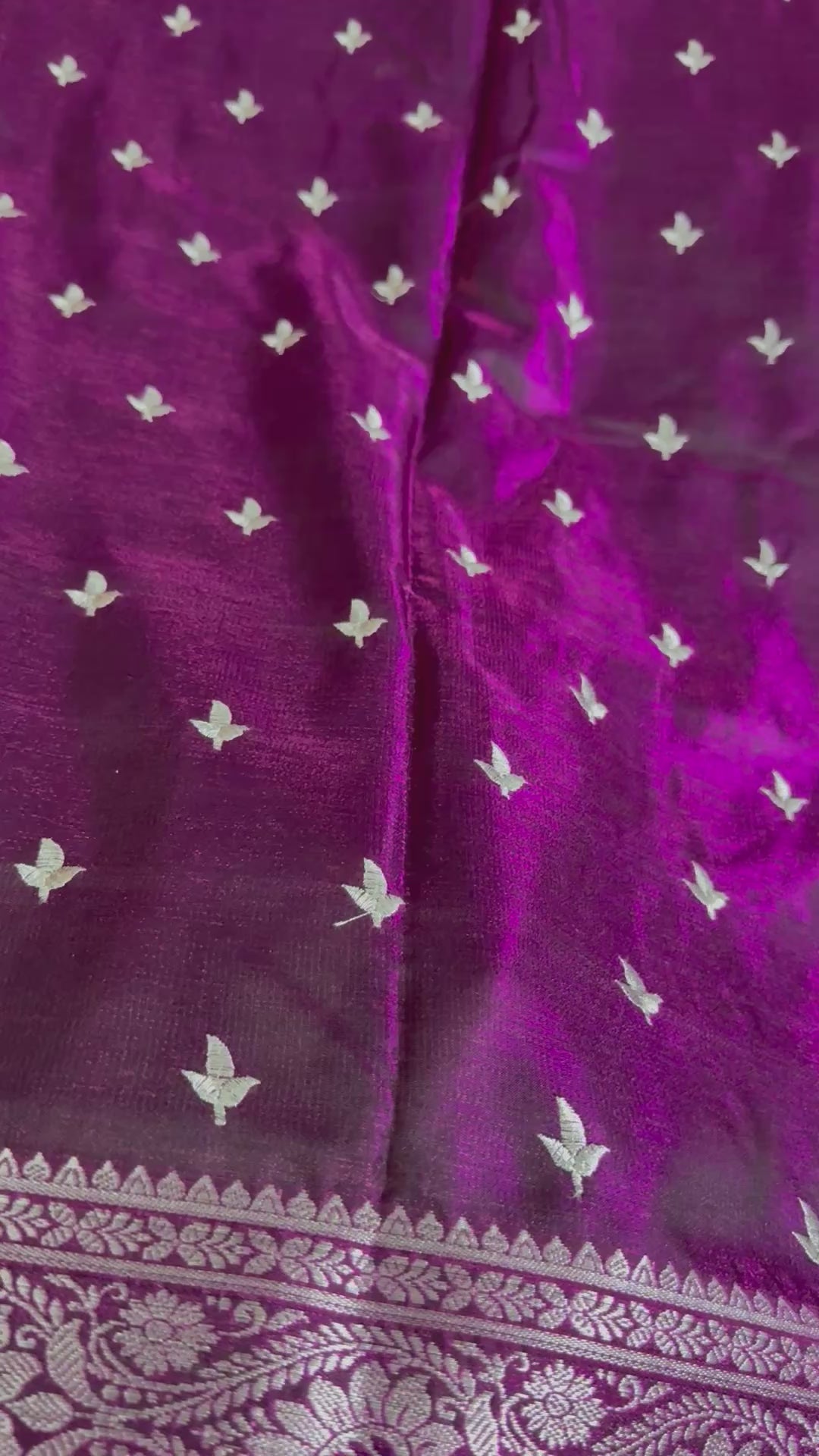 Purple Satin Silk Saree, Silver Zari Border, Indian Wedding Festive Wear