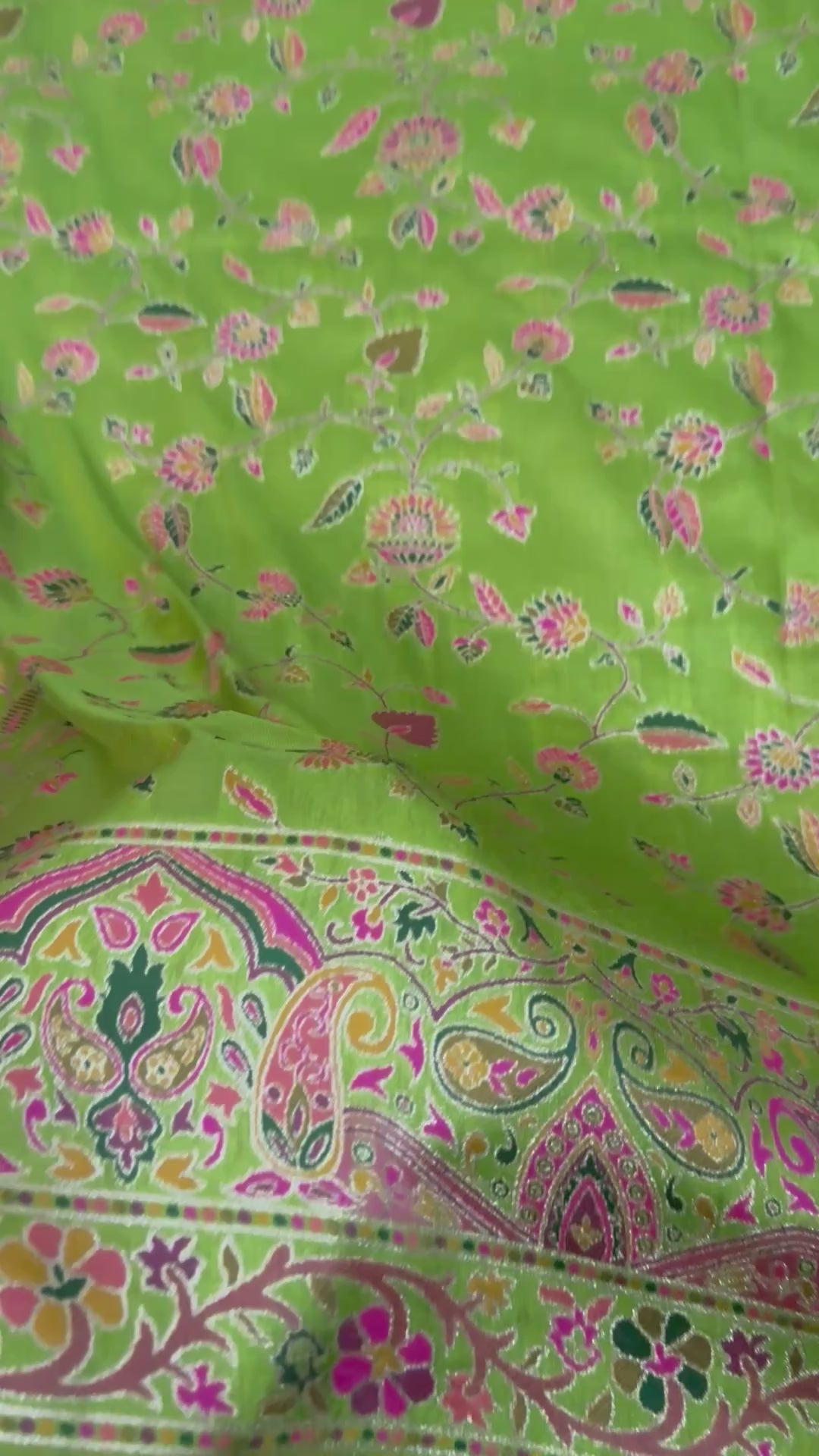 Green Pashmina Silk Saree, Kashmiri Floral Woven, Paisley Border, Festive Ethnic Wear