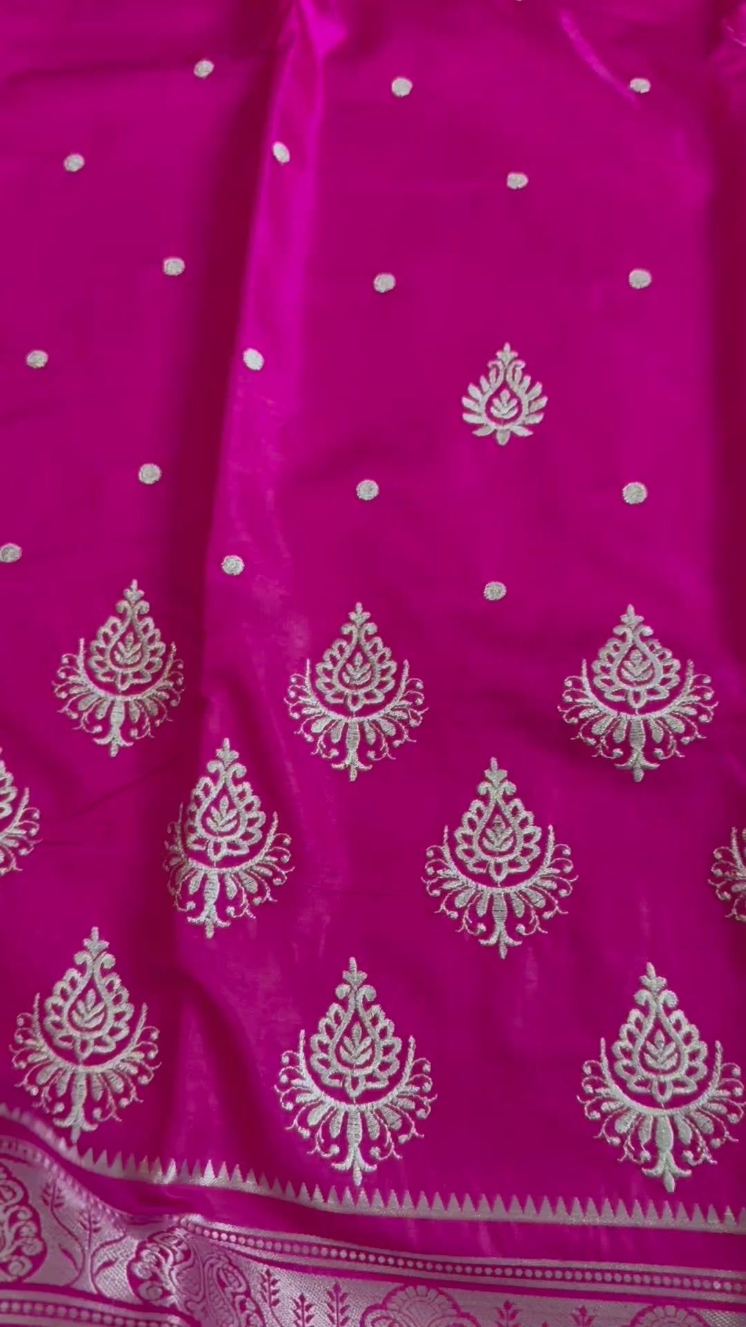 Magenta Pink Satin Silk Saree, Silver Zari Border, Festive Indian Wedding Wear