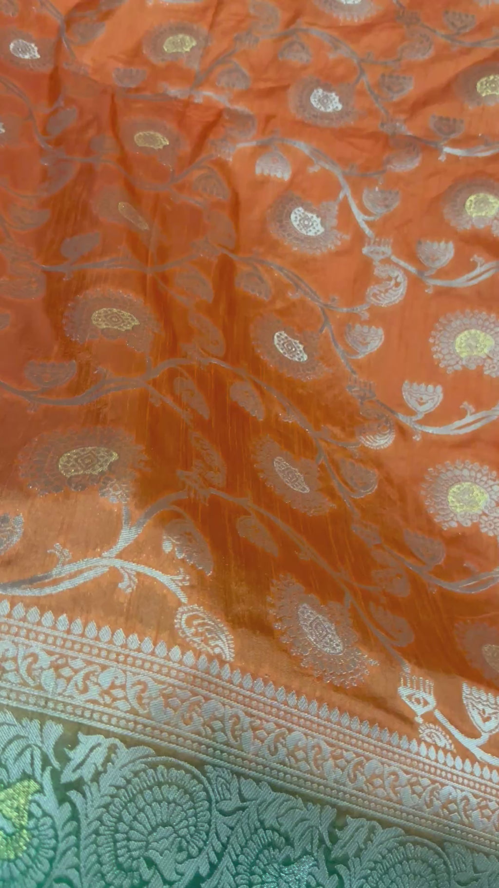 Orange Dola Silk Saree, Banarasi Zari Woven Floral Motifs, Festive Wedding Wear