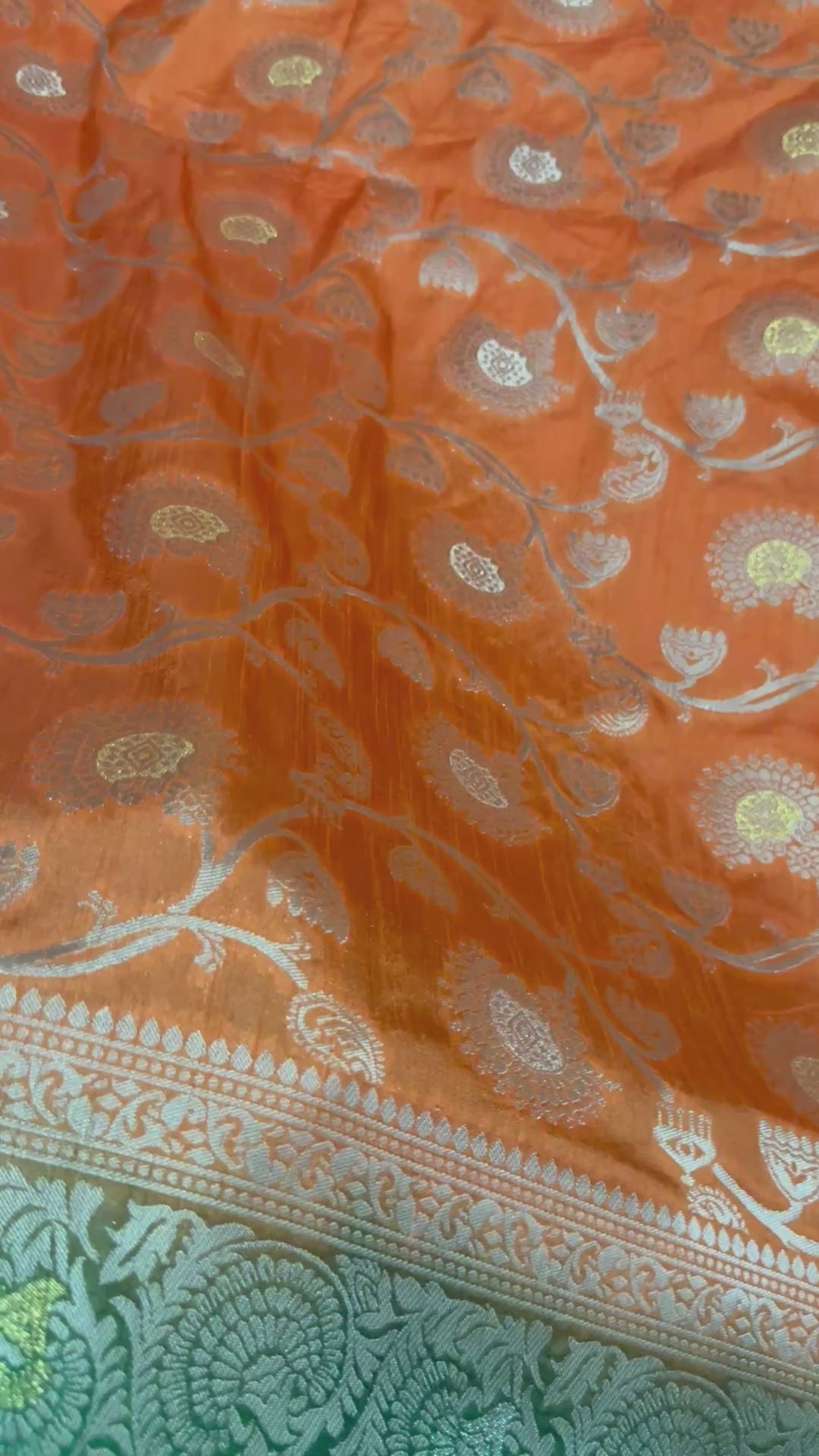 Orange Dola Silk Saree, Banarasi Zari Woven Floral Motifs, Festive Wedding Wear