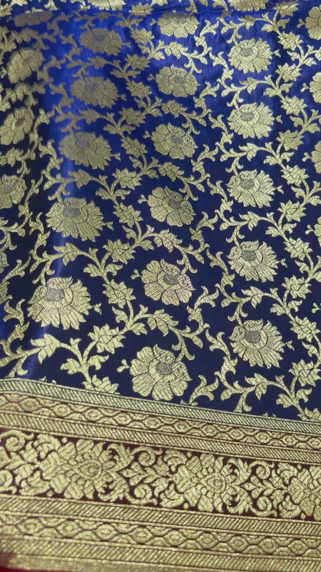 Royal Blue Red Banarasi Silk Saree, Gold Zari Floral Paisley (Wedding)