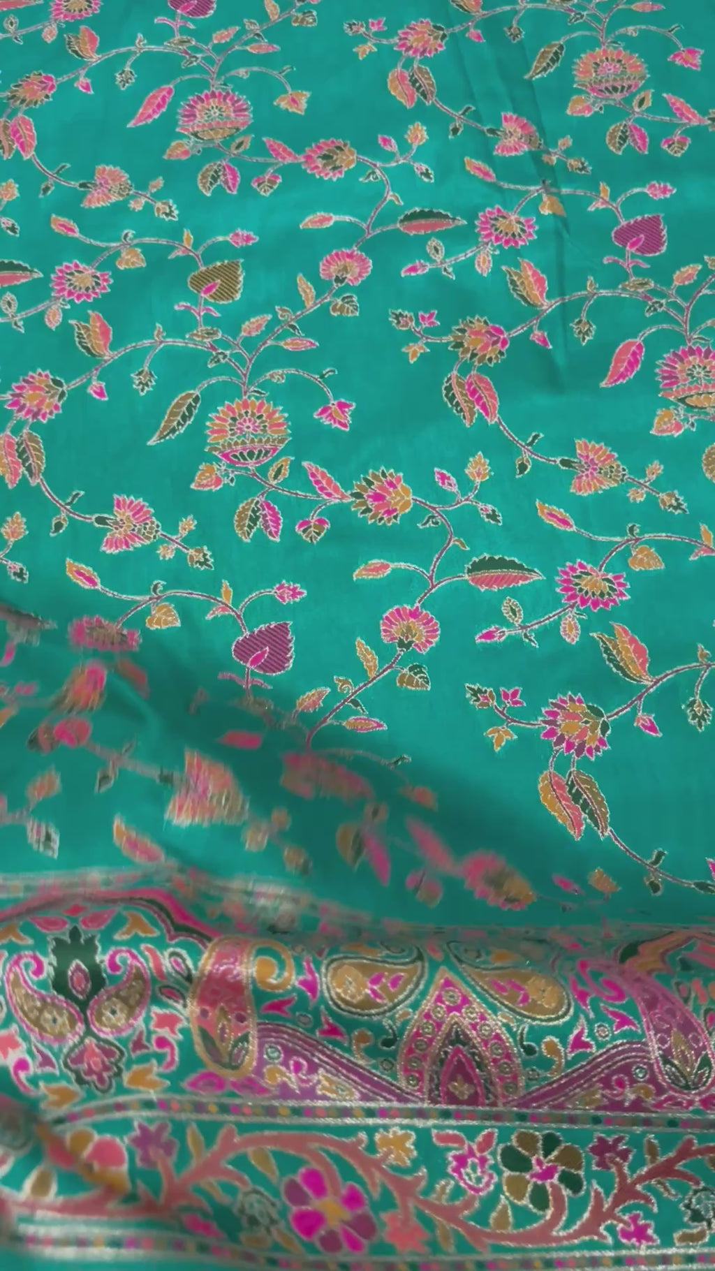 Teal Blue Pashmina Silk Saree, Kashmiri Floral Woven Paisley Border