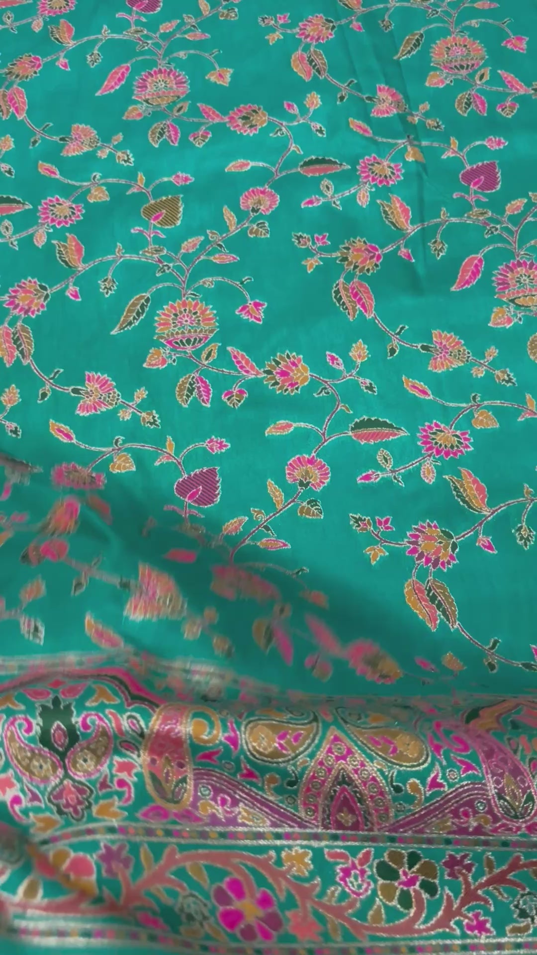 Teal Blue Pashmina Silk Saree, Kashmiri Floral Woven Paisley Border