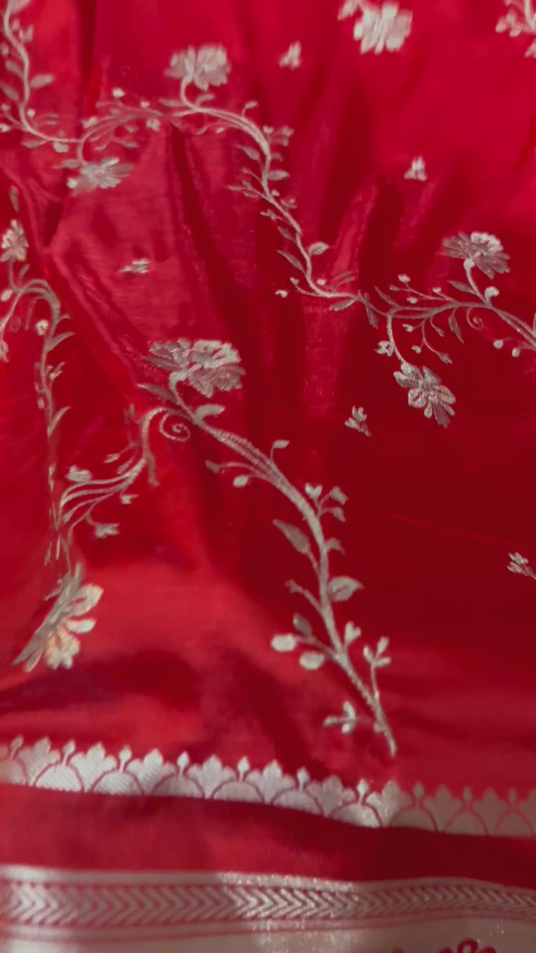 Red Satin Silk Saree, Floral Vine, Silver Border, Paisley Pallu (Wedding Wear)