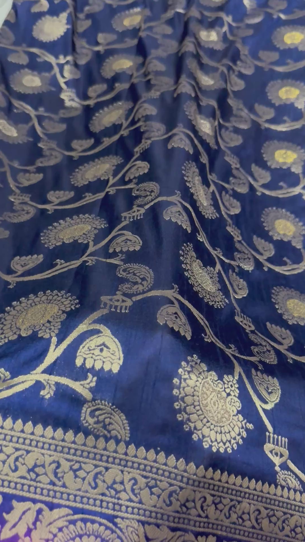 Navy Blue Dola Silk Saree, Banarasi Zari Woven, Pink Border, Floral Motifs, Festive Wear