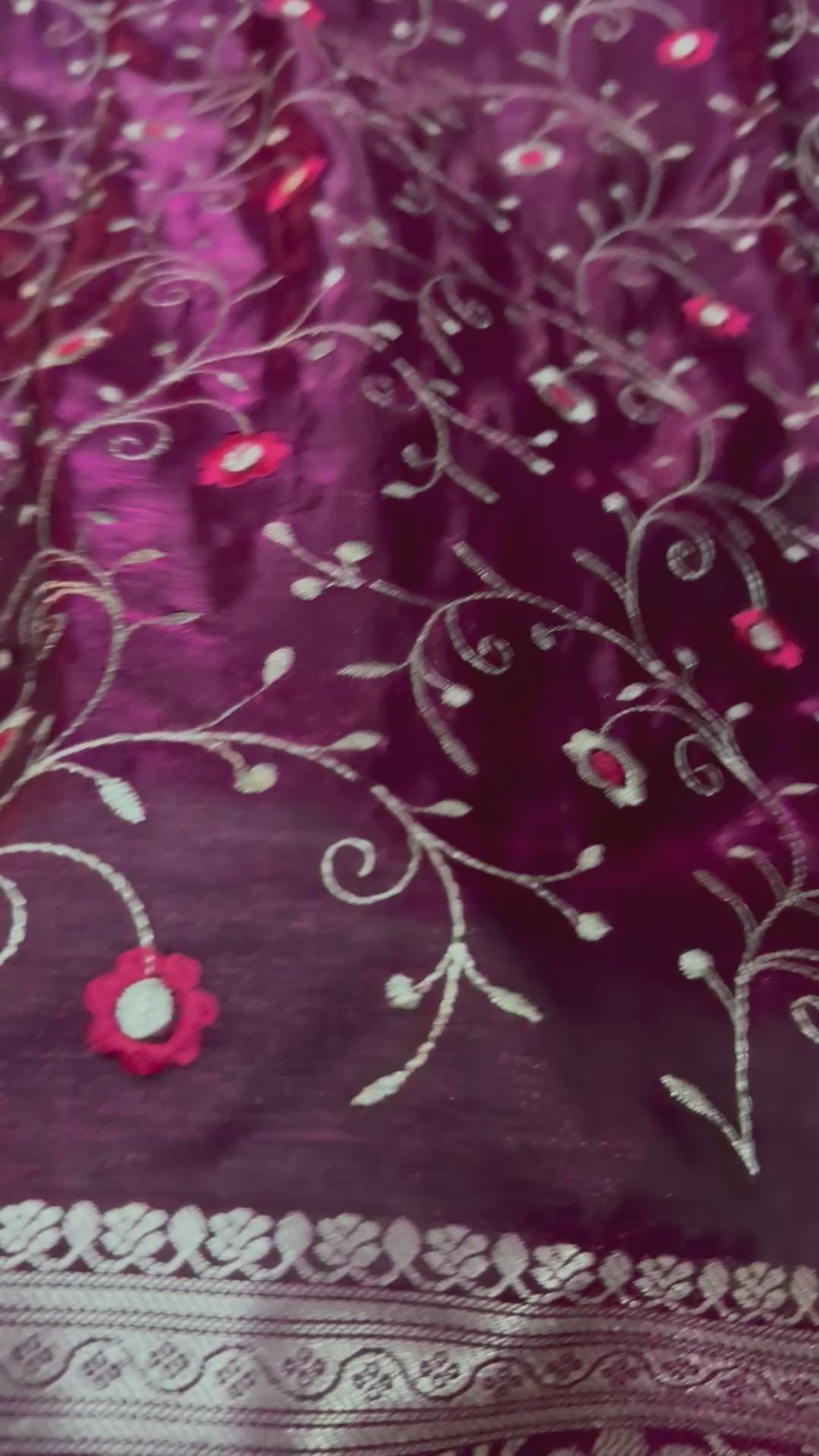 Wine Purple Satin Silk Saree, Floral Vine, Silver Border, Paisley Pallu