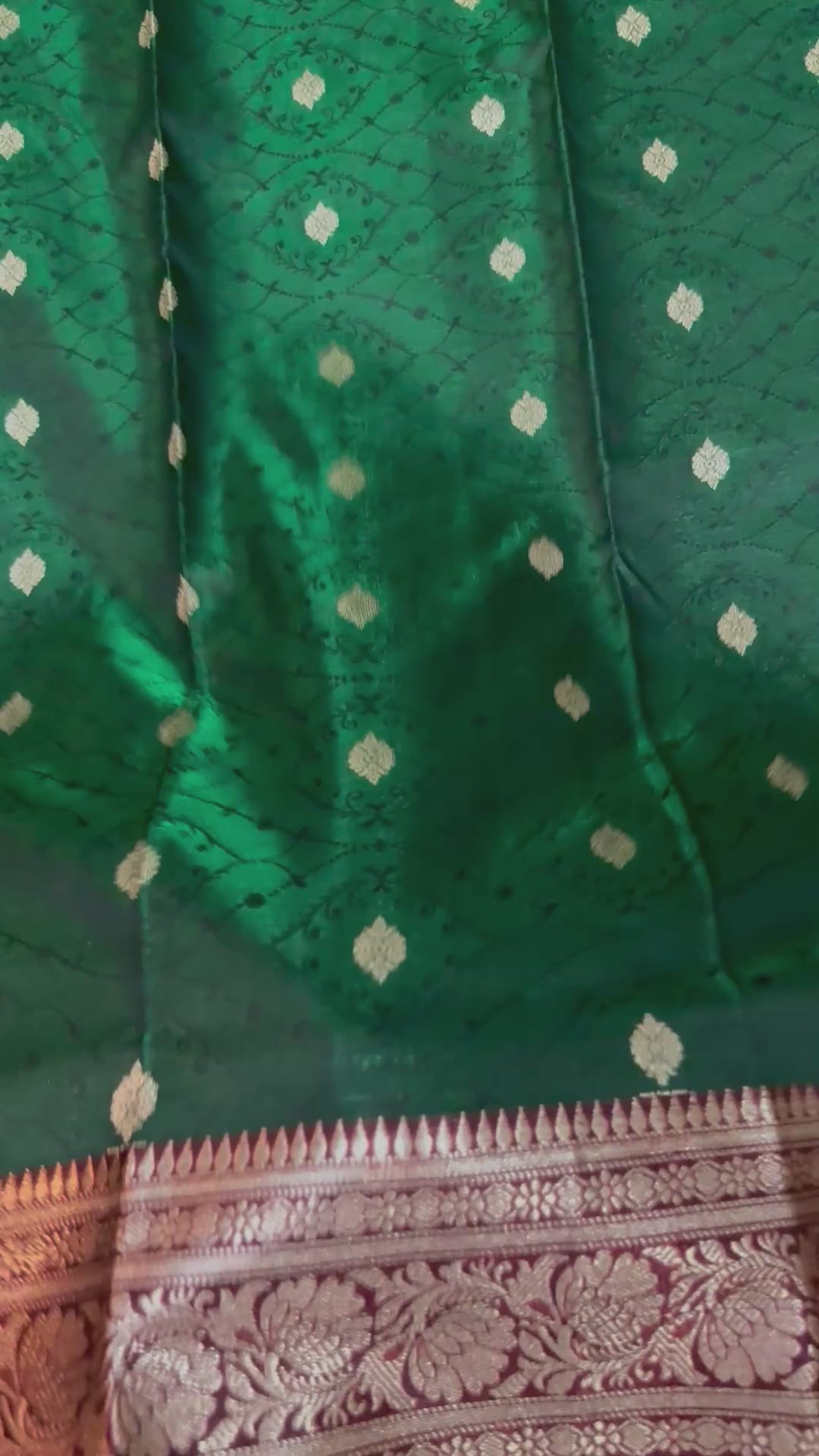 Emerald Green Banarasi Silk Saree, Rose Gold Zari Woven Border, Indian Wedding Festive Wear