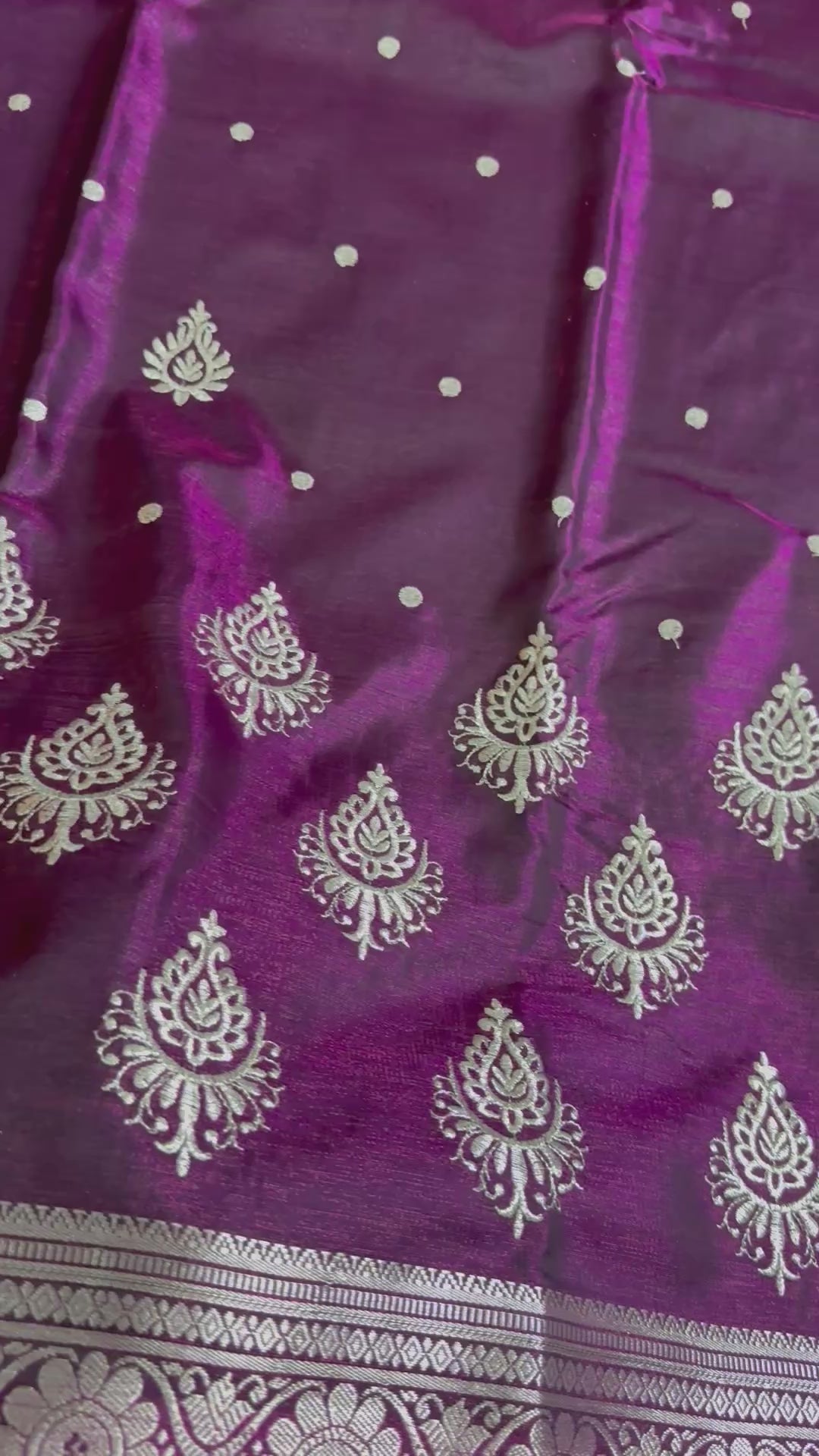 Deep Purple Satin Silk Saree, Silver Zari Border, Festive Indian Wedding Wear
